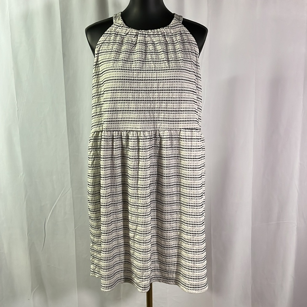 NWT LOFT White Black & Gold Dot Print Tie Neck Mini Dress